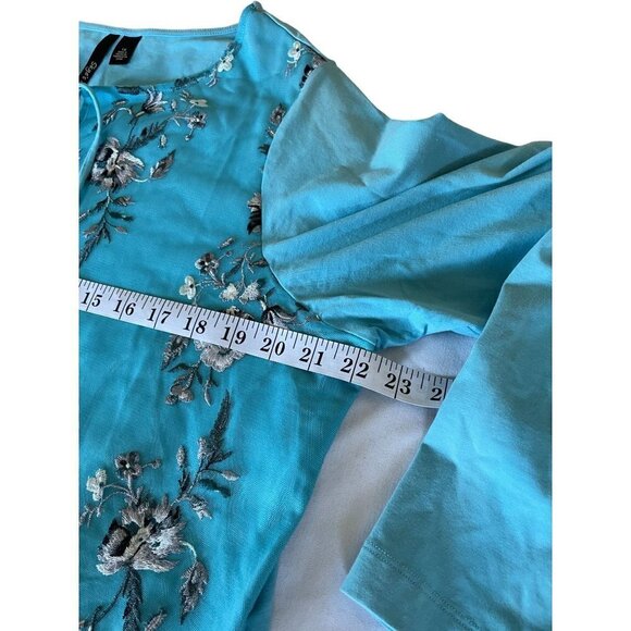 Skye's The Limit Top Blouse Plus S 1X Blue Mesh Floral Embroidery Long Sleeve - Picture 9 of 10